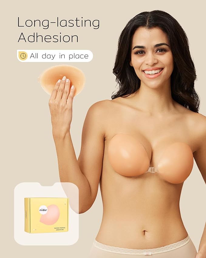 Niidor Adhesive Bra Strapless Sticky Invisible Push up Silicone Bra for Backless Dress with Reusable Nipple Covers