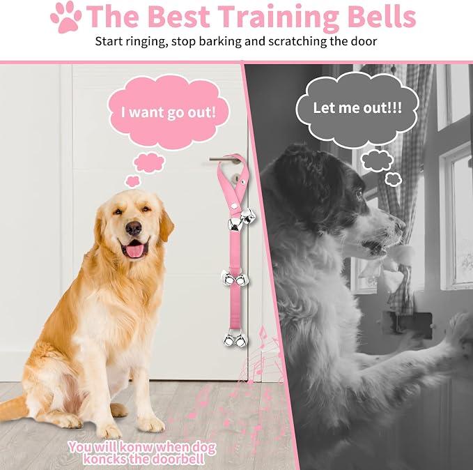 2 Pack Dog Doorbells, Pet Training Bells for Go Outside Potty Training and Communication Device Large Loud Dog Bell Cat Puppy Interactive Toys Adjustable Strap Door Bell (Pink)
