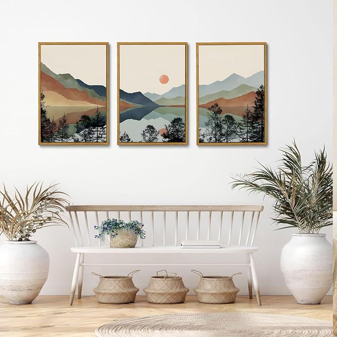 Blue Mountain Framed Canvas Wall Art Set of 3, 16x24 inch | Boho Watercolor Wall Decor, Blue Mountain Sun Forest Prints, Living Room Bedroom Office Art