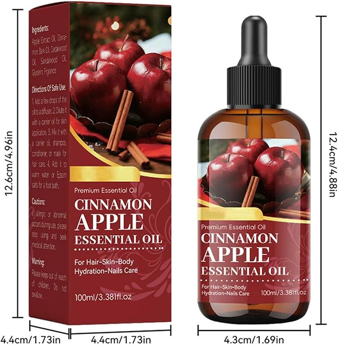 Apple Cinnamon Essential Oil, Natural Scented Diffuser Oil with Dropper for Aromatherapy, Natural Candle Making & Soap Making Scents, Hair Care, Face, Skin Care & Body Massage for Home, Office 3.53oz