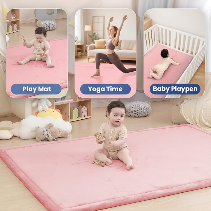 Huloo Sleep Ultra Soft Baby Play Mat for Floor,1.3" Thick Elasti-Foam 47x47 Play Mat for Playpen,Water-Repellent Coral Velvet for Tummy Time, Non-Slip Backing Safe for Toddlers & Infants(Pink)