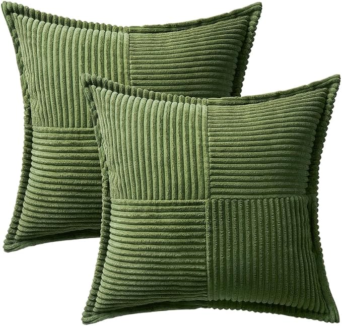 MIULEE Decorative Throw Pillow Covers for Couch 20x20 Inch Moss Green | 2 Pack, Boho Broadside Striped Patchwork Pillow Covers, Soft Corduroy Cushion Cases, For Sofa Bed Livingroom Home Decor