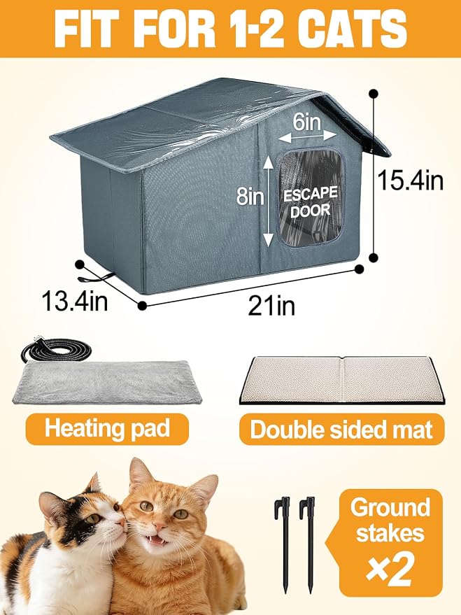 Weatherproof Heated Cat Houses for Outdoor Cats - Insulated Cat Shelter for Winter with Thermostatic Heating Pad and Escape Door, Warm Outside Pet House Gift for 1-2 Feral Cats (Medium)