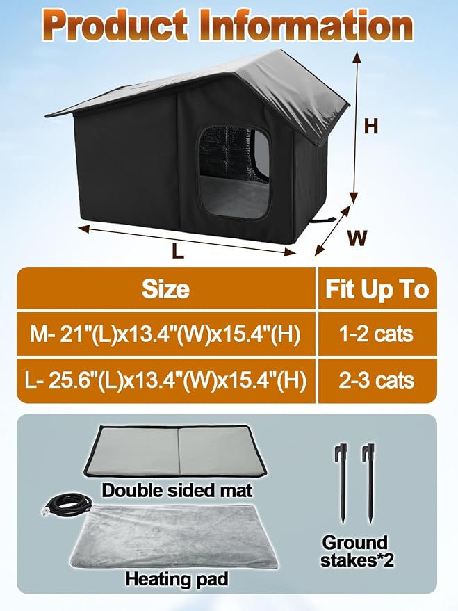 Weatherproof Heated Cat Houses for Outdoor Cats - Insulated Cat Shelter for Winter with Thermostatic Heating Pad and Escape Door, Warm Outside Pet House Gift for 1-2 Feral Cats (Black)