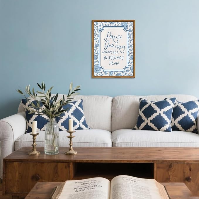 Framed Christian Wall Art, Bible Verse Praise God From Whom All Blessings Flow Pictures Wall Decor, Blue Floral Scripture Paintings Canvas Prints Religious Home Decor for Prayer Living Room 16x24 inch