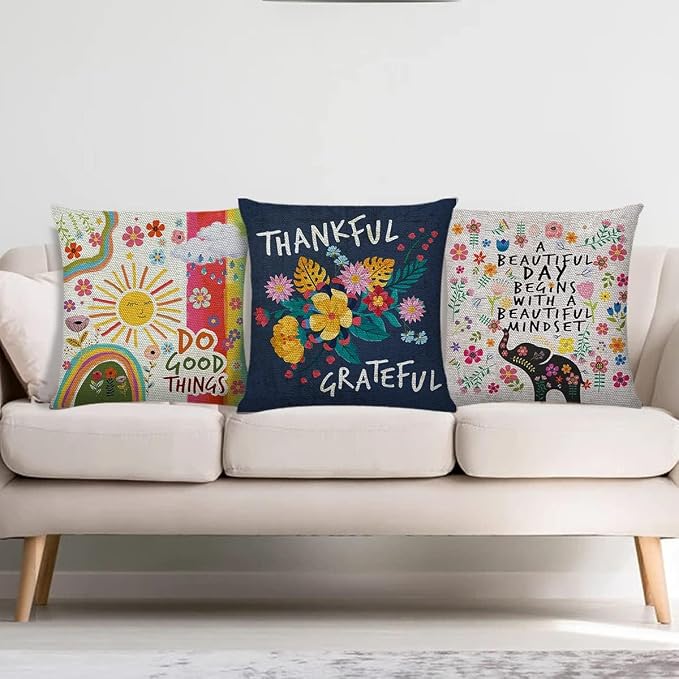 Littlefa Thankful Grateful Flower Throw Pillow Cover Navy Blue | Navy Blue Decorative Pillow Case for Couch Sofa Bedroom, Inspiring Gifts for Friends Women