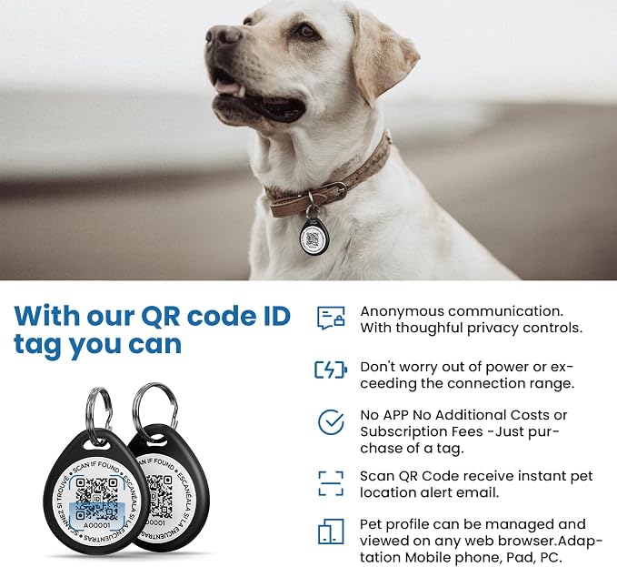 QR Code Dog Tags Personalized for Pets, Real-time Alerts, Black