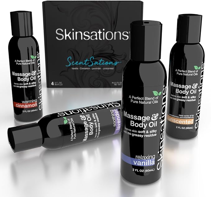 Massage Oil Gift Set – Variety Set for Couples, Travel Size (4 × 2oz) – Lightweight, Non-Greasy, Hydrating Body Oils for Relaxation & Gifting – Vanilla, Cinnamon, Lavender & Unscented