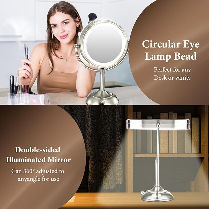 VESAUR 2025 9.3" Large 5000mAh Rechargeable Lighted Makeup Mirror Nickel, 1X/10X/20X HD Magnifying Mirror with Compact Suction, 3 Color Dimmable Light, 360°Swivel Seamless Vanity, Gift Box