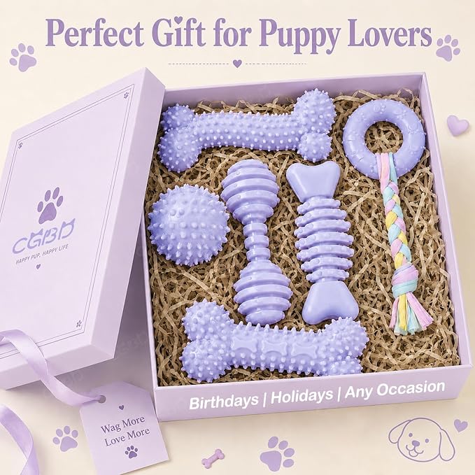 6 Pack Dog Chew Toys, Purple, Small Dog Teething Toys, Soft Durable Interactive Toys for Puppies