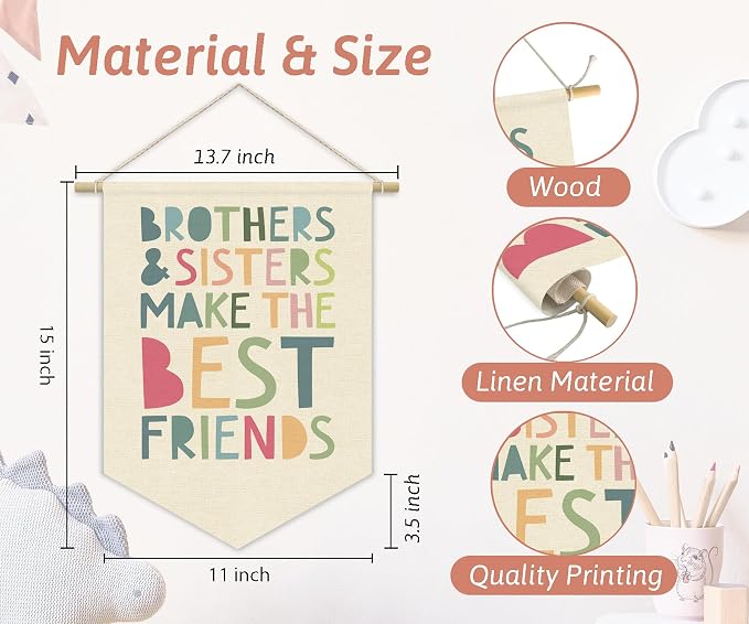 Nursery Decor Siblings Canvas Banner,Brothers And Sisters Make The Best Friends Bedroom Playroom Wall Art Decorations,Boho Twin Room Sign,Boho Kids Room Hanging Pennant Flag Banner