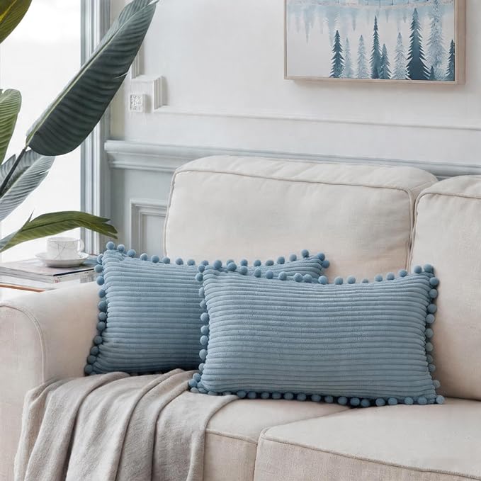 Fancy Homi Set of 2 Light Blue Lumbar Decorative Throw Pillow Covers 12x20 Inch with Pom-poms, Soft Corduroy Solid Rectangle Baby Blue Cushion Cases Set for Couch Sofa Bedroom Car Living Room 30x50 cm