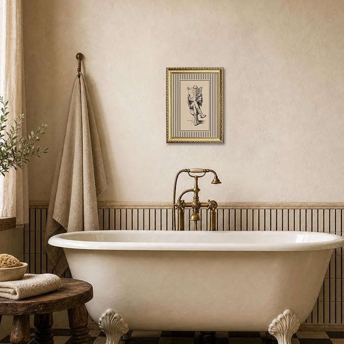Gold Framed Funny Cowgirl Bathroom Wall Art Western Cowgirl Reading Newspaper on Toilet Wall Decor, Farmhous Vintage Cowboy Bathroom Poster Canvas Painting Print Picture 12x16 inch