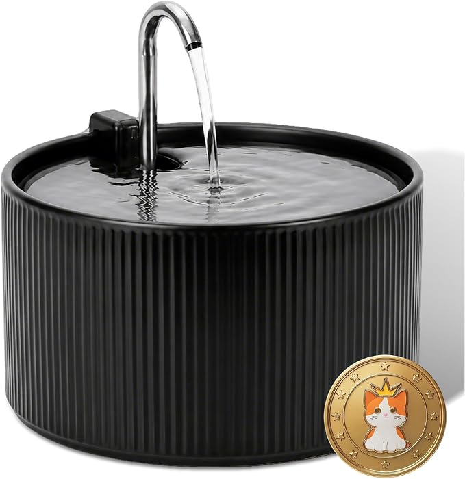 2.2L Ceramic Pet Fountain –Porcelain Pet Water Fountain & Little Dog Drinking Bowl– Automatic Cat Water Dispenser (Black)