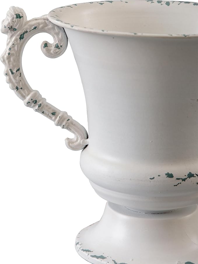 SOFE Distressed White Metal Vase, Decorative Flower Vase 7 Inch Tall | Small Urn Planter for Wedding Home Decor, Ideal Shelf Decor, Living Room Dining Room, Kitchen Office Table Centerpieces