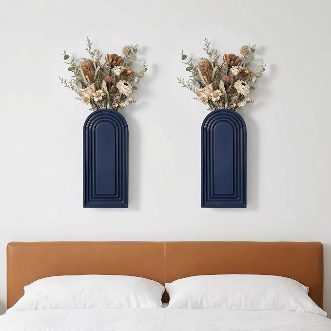 Dnnnii 2 Pack Wooden Wall Vase Set - Blue Finish Modern Farmhouse & Boho Wall Decor for Entryway, Hallway, Bathroom, Living Room, Dining Room, Narrow Spaces