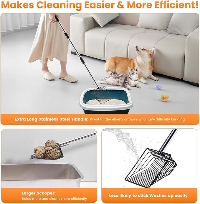 Cat Litter Scoop 43 inch Metal Litter Scooper with Stainless Steel Long Handle, Upgraded Large Kitty Box Scooper Heavy Duty Deep Shovel for Fast Sifting, Dog Waste Scooops for Outside Pet Poop