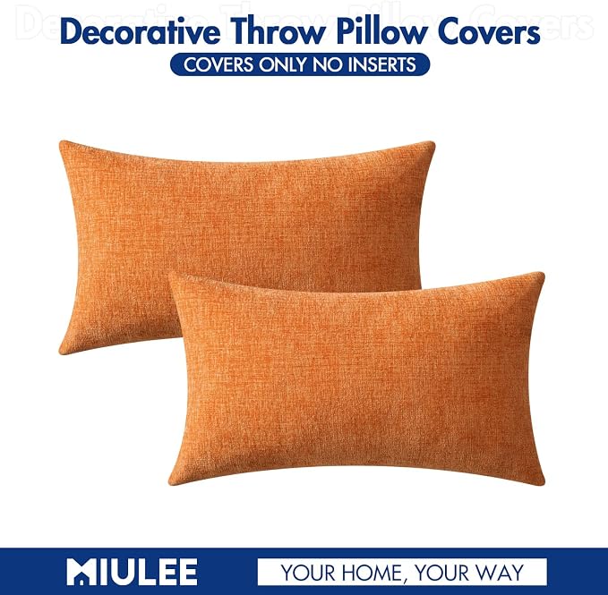 MIULEE Soft Chenille Fall Lumbar Throw Pillow Covers Orange 12x20 Inch | Pack of 2, Modern Fall Decor, Classic Decorative Pillows, Solid Dyed Cases, Couch Cushion Covers for Sofa Bed Living Room
