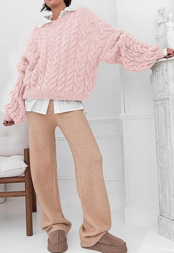 PRETTYGARDEN Womens Sweaters Spring 2026 Cable Knit Long Sleeve Crewneck Oversized Sweater Chunky Pullover Loose Outfits