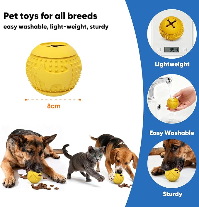 Deeow Rubber Dog Chew Toy Ball, Puzzle Feeder Pet Toy -3'' Yellow | Teething Puzzle Feeder Ball, Treat Dispenser Chew Toy, Rolling Rubber Dog Fetch Toy, Interactive Dental Care & Enrichment