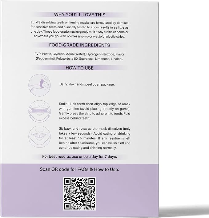 ELIMS Melt-Away Teeth Whitening Non-Toxic Strips for Sensitive Teeth - 14 Strips, 7 Treatments - Dissolving Mess-Free Application