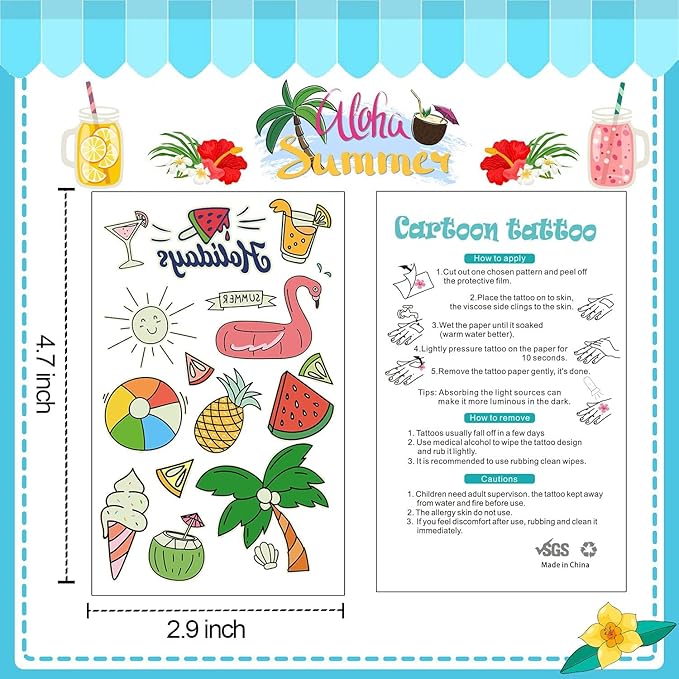 Partywind 190 Styles Luminous Hawaiian Luau Party Decorations, Glow Hawaiian Temporary Tattoos for Kids, Luau Tropical Pool Beach Party Supplies Favors (12 Sheets)