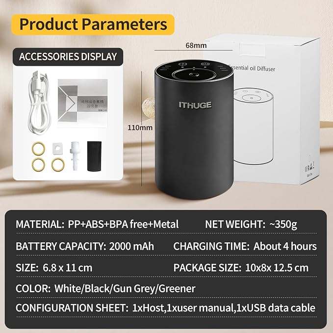Waterless Nebulizing Essential Oil Diffuser - 48H Battery Powered Portable Aromatherapy with 3 Intensity Levels, USB-C Rechargeable for Car Home Office Yoga Travel (Black)