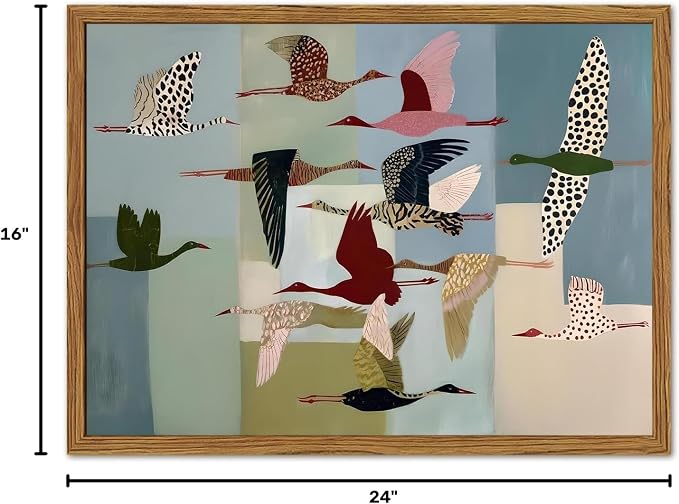 Framed Vintage Flying Bird Wall Art, Abstract Colorful Crane Pictures Wall Decor, Mid Century Modern Scandinavian Birds Paintings Canvas Prints Home Decor Aesthetic for Living Room Bedroom 16x24 inch