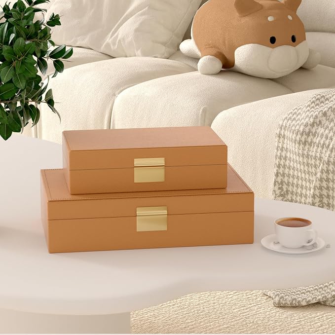 Decorative Storage Box Set of 2, PU Leather Organizer for Home Decor Brown | Multi-Purpose Beautiful Decorative Container with Lids Store Photos, Documents, Memory Box Keepsakes Collect, ideal for Gifts