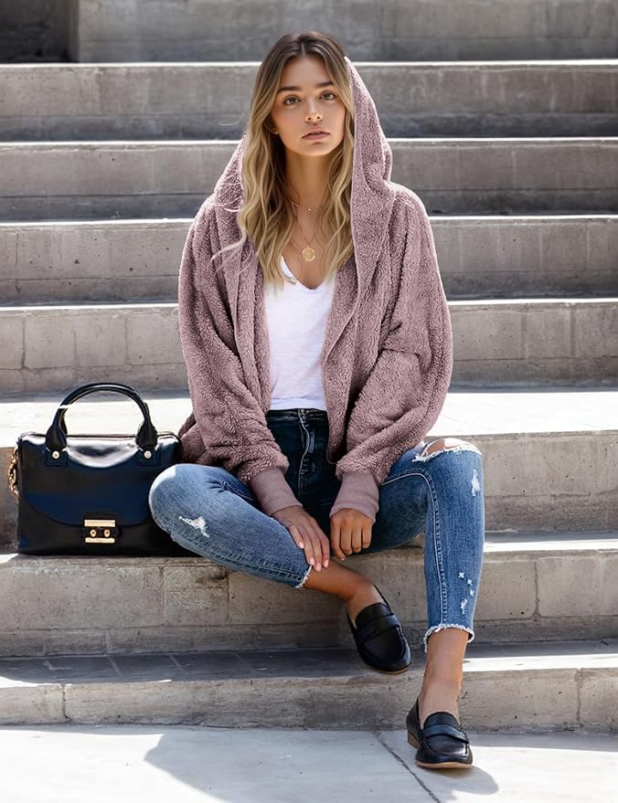 Zilcremo Women Hooded Cardigan Fuzzy Jacket Winter Open Front Fleece Coat Outwear with Pockets