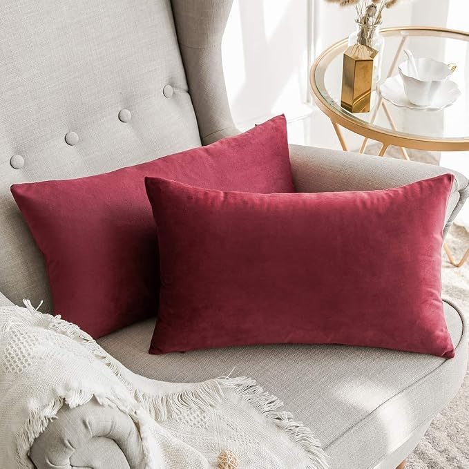MIULEE 12x20 Inch Lumbar Velvet Throw Pillow Covers Wine Red | Pack of 2 Soft Solid Decorative Pillow Covers, Modern Luxury Home Decor, for Chair Couch Sofa Bedroom Livingroom