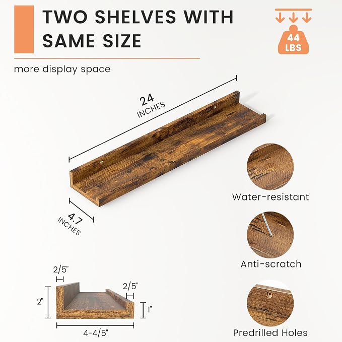 Picture Ledge Shelf, Floating Shelves for Wall, 24" W Set of 2, Brown | FSC Certified Engineered Wood, Wall Mounted Bookshelf, for Nursery Living Room Bedroom, Pre-Drilled, Easy Install