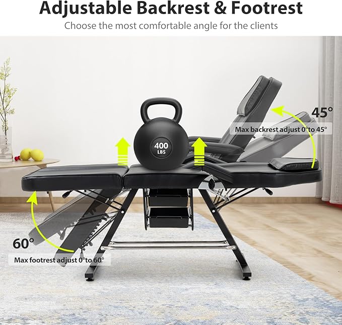 Massage Salon Tattoo Chair with Two Trays, Esthetician Bed with Hydraulic Stool,Multi-Purpose 3-Section Facial Bed Table, Adjustable Beauty Barber Spa Beauty Equipment (Black, Wide)