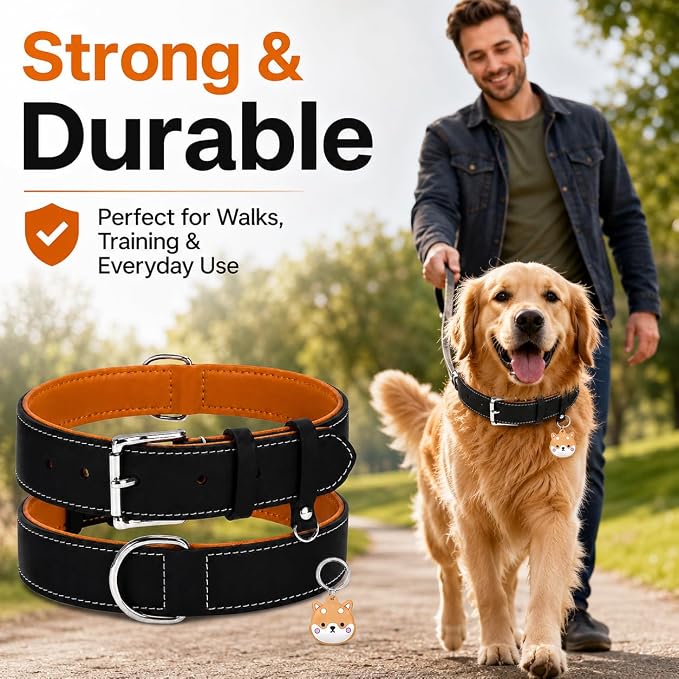 Genuine Leather Dog Collar, Soft Padded Leather Dog Collars with Airtag Holder Case for Small Medium Large X-Large Dogs,Comfort Heavy Duty Pet Collar with Durable Metal Buckle & D-Ring-Black/S