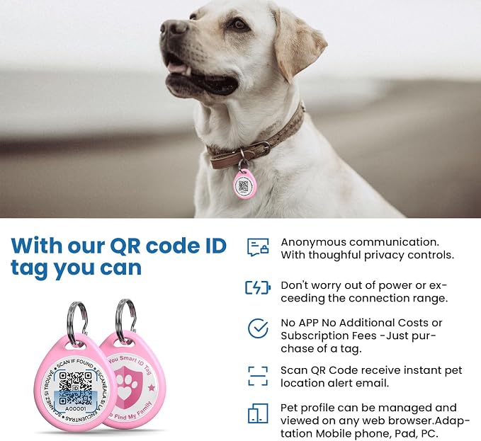 QR Code Dog Tags Personalized for Pets, Real-time Alerts, Pink