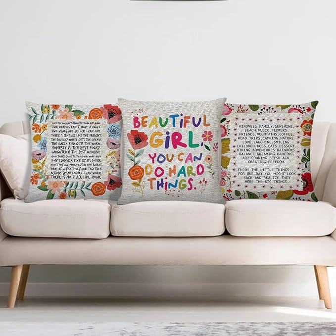 Littlefa Beautiful Girl You Can Do Hard Things Decorative Pillow Cover | Beautiful Girl You Can Do Hard Things Inspirational Pillow Case, Motivational Colorful Pillow Cover for Girls Teens Kids