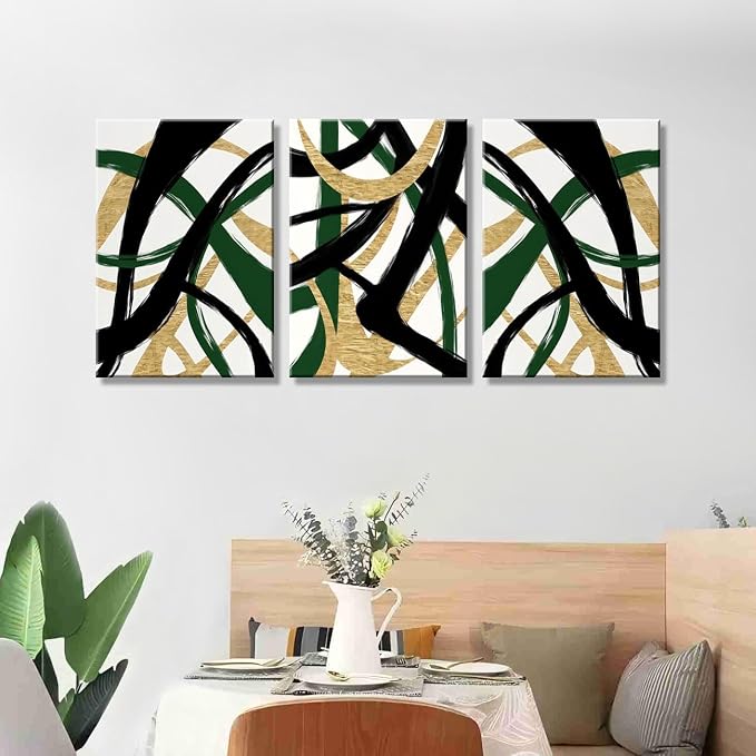 3 Pcs Framed work Abstract Lines Canvas Wall Art Modern Black, Green, Gold Geometric Brushwork Prints Posters Abstract Line Images Framed gallery packaging artwork for living room prints bedroom office and home decor 16X24Inch