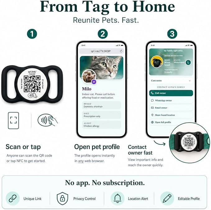 Smart Pet ID Tag for Dog Collar with NFC & QR Code | Silent Silicone Holder, Waterproof & Easy Clean, No App or Subscription, Secure Horizontal Fit, Online Pet Profile