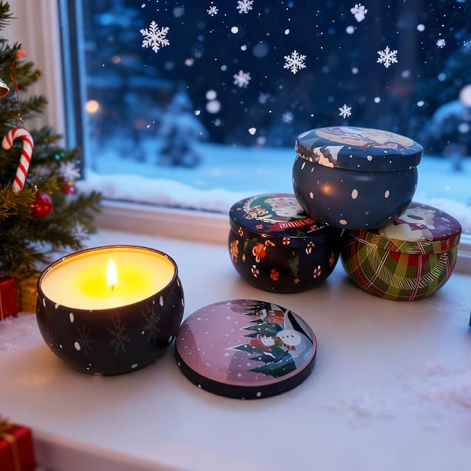 Christmas Scented Candle Set - 4 Pack (2.5oz Each) - Holiday Scents: Cranberry, Apple Cinnamon, Mistletoe & Christmas Wreath - Natural Soy Wax, Festive Aromatherapy Gifts