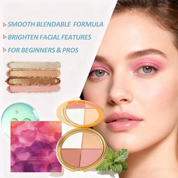 Eye & Cheek Palette - 4-in-1 Makeup Palette with Highlighter and Blush for Women, Contour Kit for Natural Makeup Glow, Travel-Friendly Compact Design