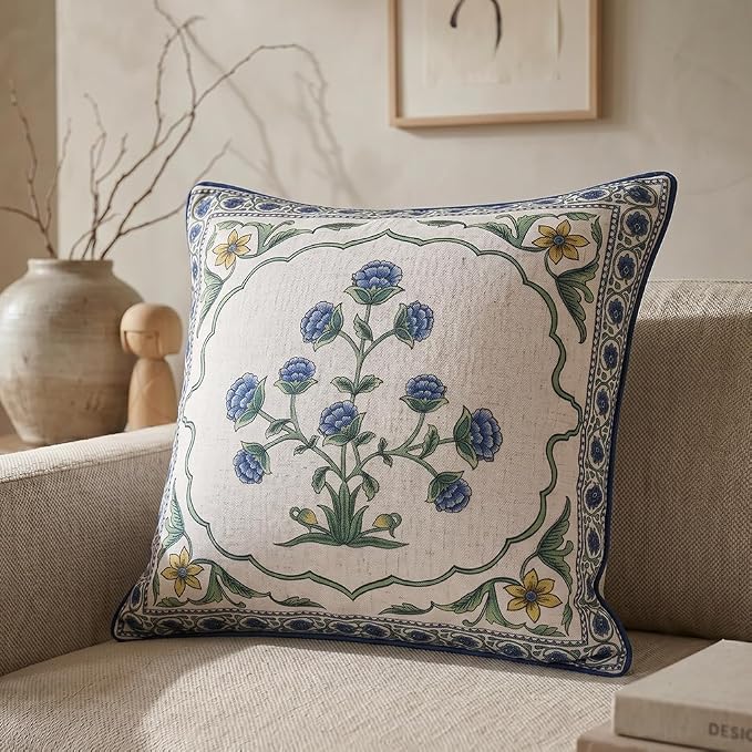patdrea Designer French Vintage Linen Throw Pillow Cover,18"x18"-Ivar B | Vinage Decorative Pillow Case,Floral Pattern,White Pillow Cover for Couch Living Room Bedroom Sofa Outdoor