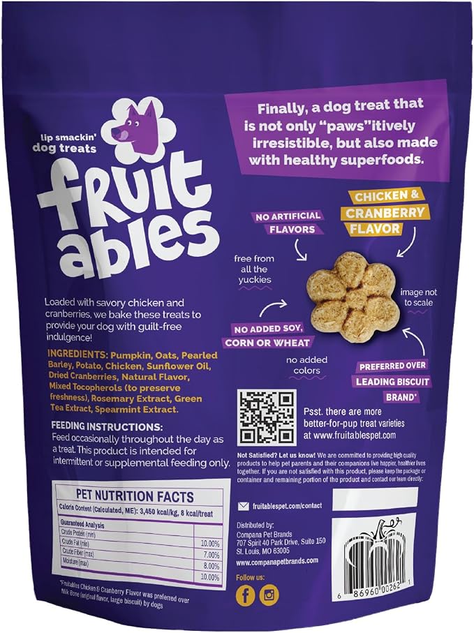 Fruitables Baked Dog Treats, Low Calorie Treats, Chicken & Cranberry, 12oz | Healthy Dog Treats, Training Treats, Crunchy Dog Biscuits, Limited Ingredient Recipe, Healthy Puppy Snacks, Made in USA