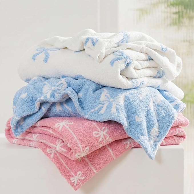 Soft Throw Blanket for Couch-Cozy Reversible Knitted Blankets | Lightweight Warm Fluffy Decor for Women, Mom, Her & Girls, Sofa, Chair, Bed, 50x60in, Pink Bow