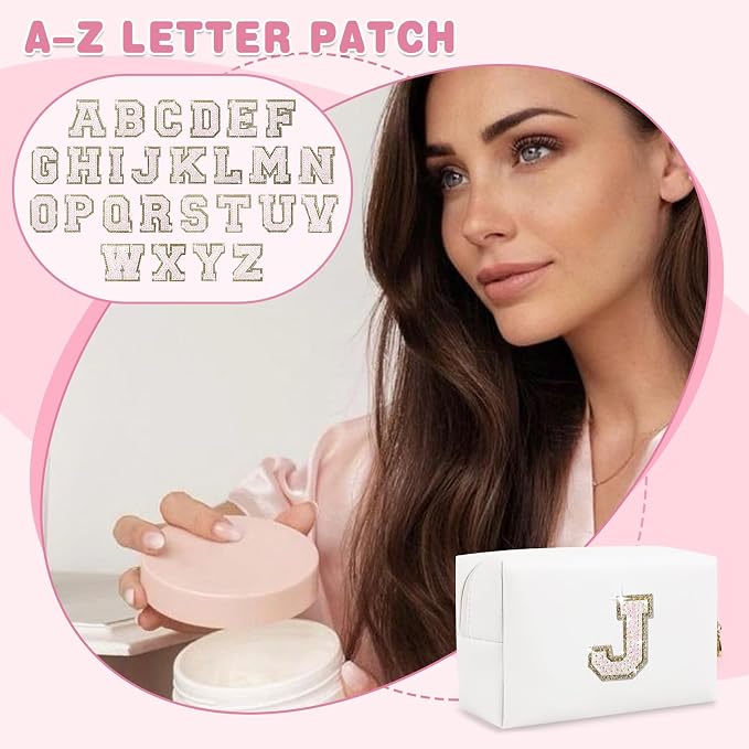 Small Initial Patch Makeup Bag Personalized Gifts Make Up Bag,White Cute PU Leather Glitter Letter Cosmetic Bag with Zipper,Trendy Portable Travel Toiletry Pouch,Preppy Stuff for Teen Girls Women J