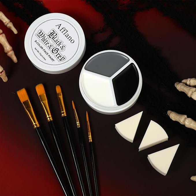 Black White Gray Face Paint Palette – Oil-Based Grease Makeup 3-in-1 Jar with 5 Brushes & 3 Sponges – Waterproof, Sweat-Proof, Easy On & Off SFX Makeup for Halloween, Cosplay, Gothic & Stage Looksy
