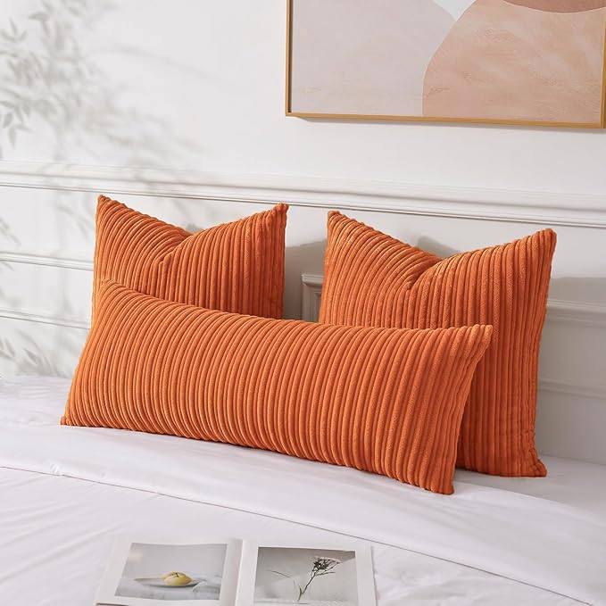UGASA Fall 14x36 Inch Pillow Cover Pack of 1 Soft Boho Stripe Corduroy Large Long Rectangle Lumbar Cushion Case Farmhouse Decorative Throw Pilowcase for Bed, Couch, Sofa, Bedroom, Dark Orange
