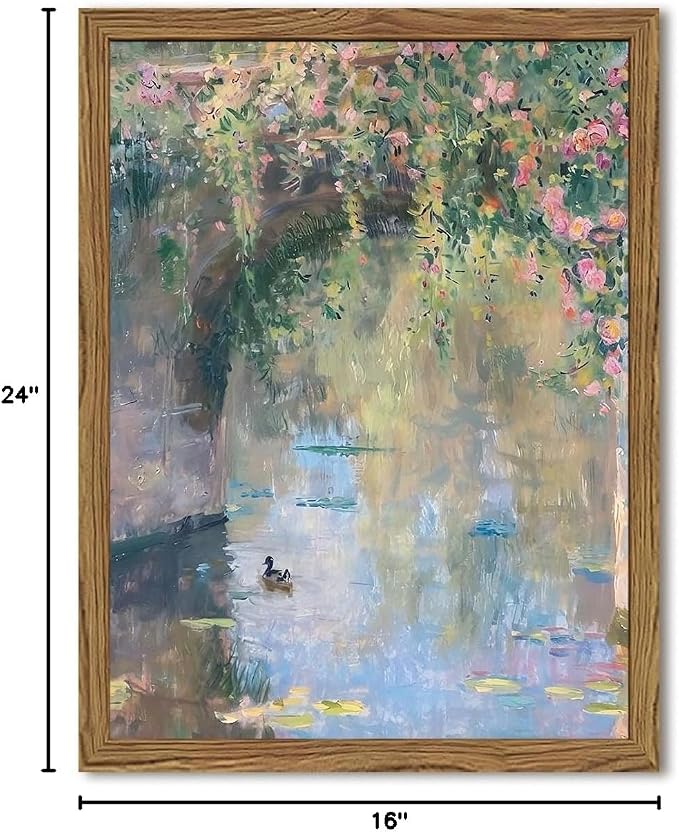 Framed Vintage Monet Canvas Wall Art, Floral Landscape Wall Decor Paintings, Country Nature Pictures Prints Aesthetic Home Decor for Living Room Bedroom Bathroom 16x24 inch