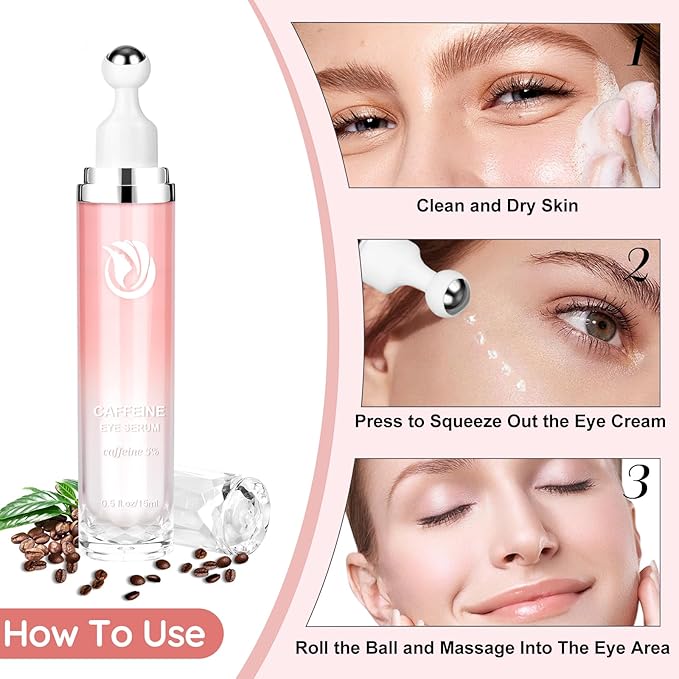 5% Caffeine Eye Serum, Cream with 360°Massage Ball for Puffiness, Fine Lines and Wrinkles, 0.5 fl.oz Under Eye Roller Cream, Efficient in Firming Eyelids