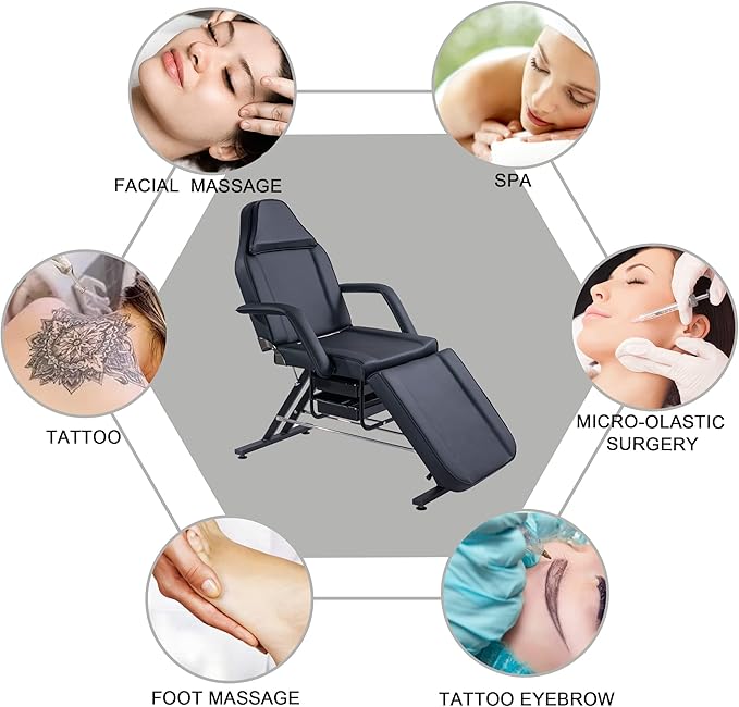 Tattoo Chair Massage Salon with Two Trays, Esthetician Bed with Hydraulic Stool,Multi-Purpose 3-Section Facial Bed Table, Adjustable Beauty Barber Spa Beauty Equipment Black