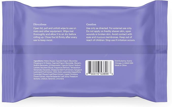 ASUTRA Yoga Mat Cleaning Wipes (Lovely Lavender), 3 Pouches (30 Wipes Each) - No Slippery Residue, Deep-Cleansing for Fitness Gear & Gym Equipment